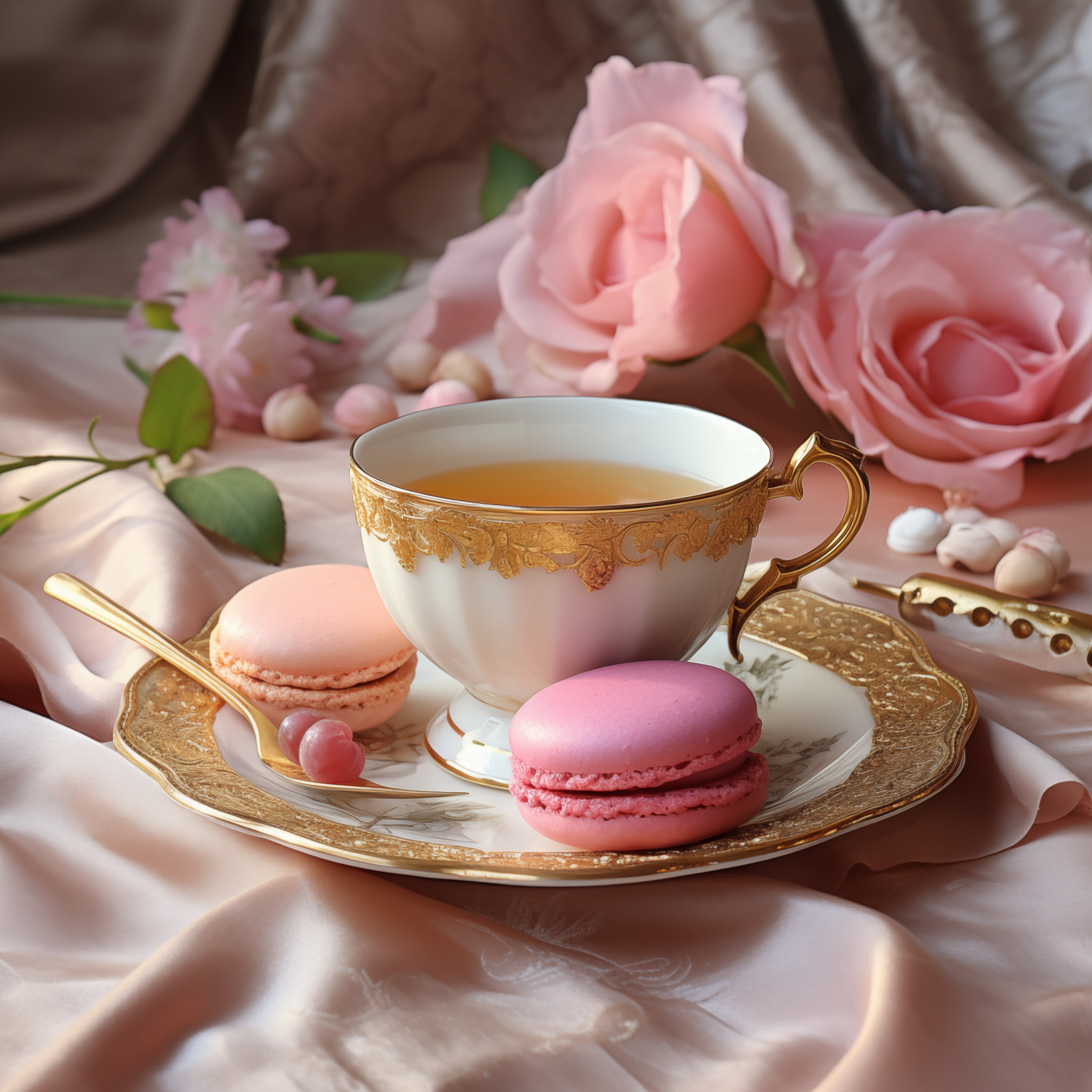 Elegant gold ivoiry china tea service with aprictot pink amaretto macarons atop blush tablecloth strewn with pink roses conveying Saint Oniell Alchemy's French Tea Party luxury scented candle.
