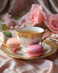 Elegant gold ivoiry china tea service with aprictot pink amaretto macarons atop blush tablecloth strewn with pink roses conveying Saint Oniell Alchemy's French Tea Party luxury scented candle.