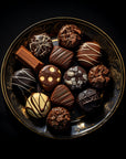 Saint O'Niell Alchemy Grand Cru Chocolat luxury scented candle is conveyed by a selection of exquisitely crafted gourmet chocolate candies arranged on a gold embossed black plate with a variety of textures and designs.