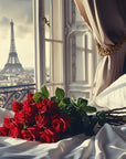 Saint O'Niell Alchemy Crown of Roses luxury scented candle with red roses on white bedsheets in Paris with Eiffel Tower view in window to depict the full-bodied, dark, authentic Rose Soliflore scent profile of this aristocratic candle.