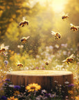 Saint O'Niell Alchemy The Queen's Beekeeper luxury candle with bees around a tree stump surrounded by wildflowers and specks of pollen. Aristocratic candle packaged in an artisan-designed gold foil stamped box.