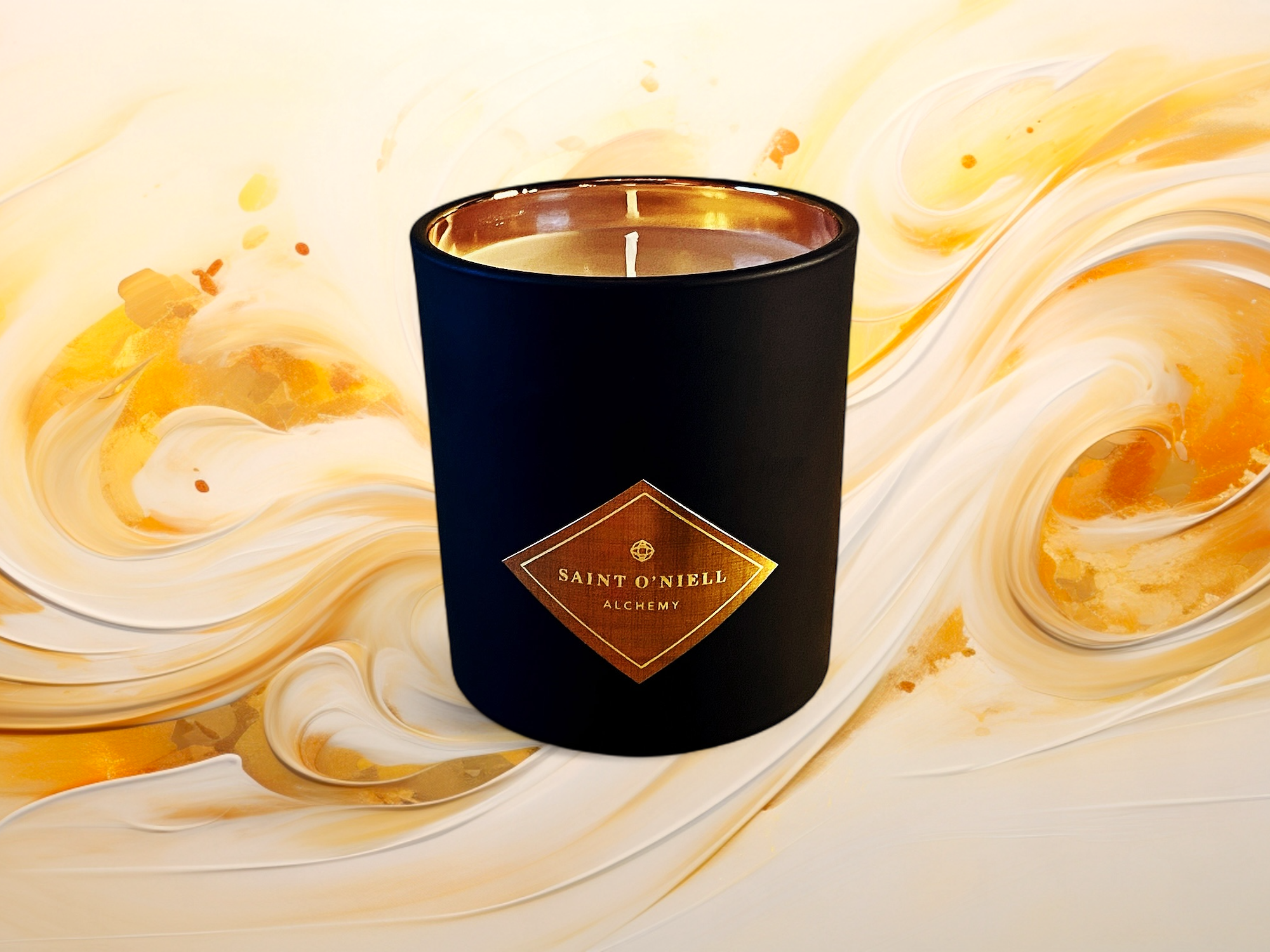 Black candle with a gold logo on a swirling yellow and white background