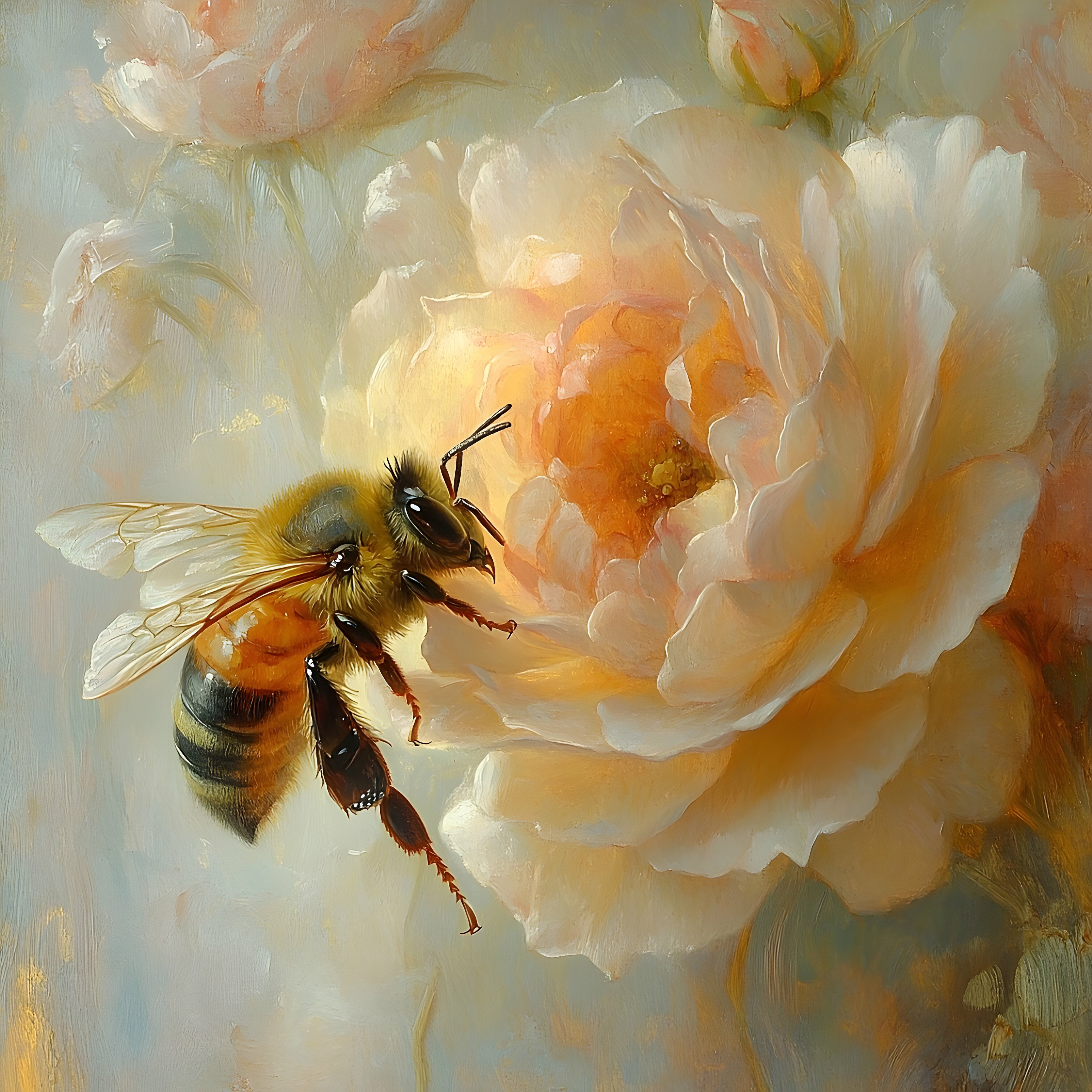 Bee on a white flower with a soft, blurred background