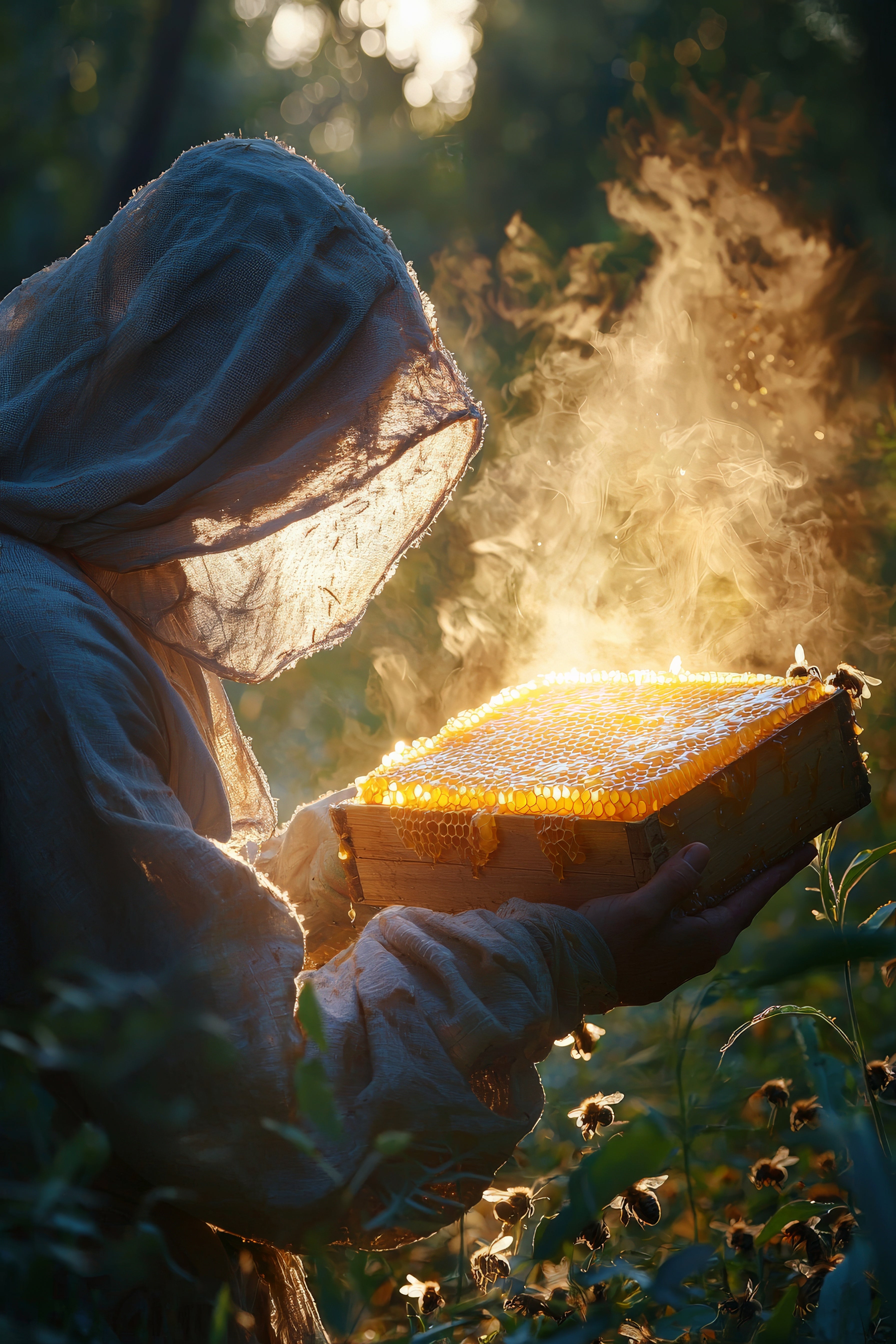 Person in beekeeping suit holding a beehive box with smoke in a natural setting
