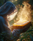 Saint O'Niell Alchemy The Queen's Beekeeper luxury candle with beeswax, frankincense and honeycomb. Beekeeper holding a beehive box with smoke rising from it in a natural setting. Aristocratic candle packaged in an artisan-designed gold foil stamped box.