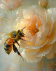 Bee on a white flower with a soft, blurred background