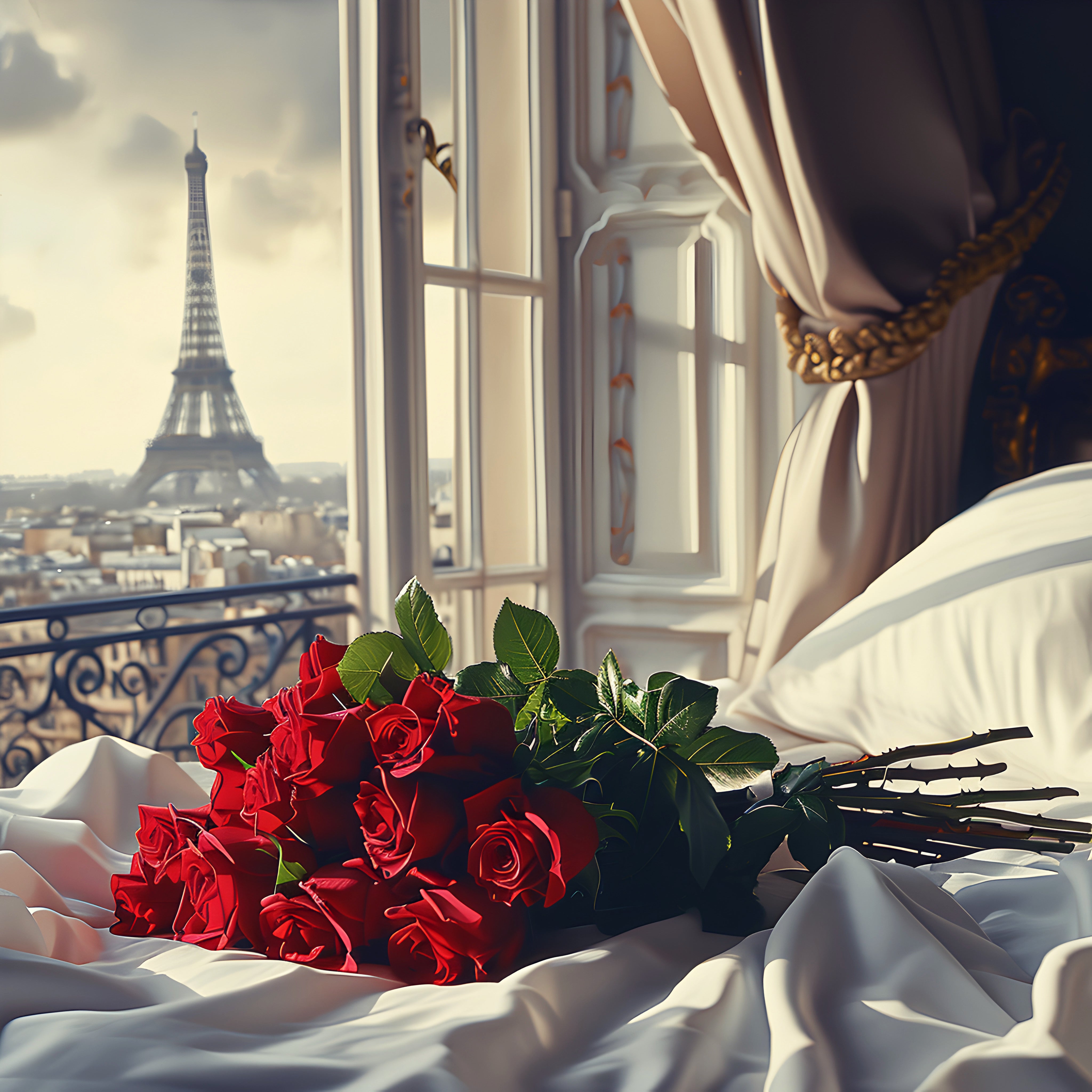 Red roses on white bedsheets in Paris Eiffel Tower